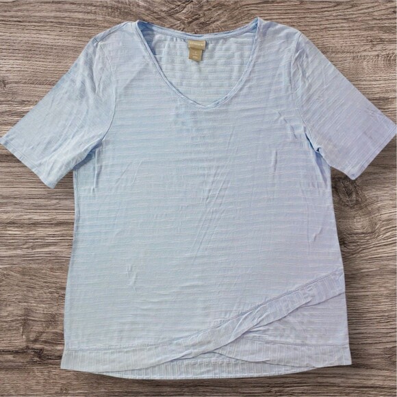 Chicos Shadow Striped Shirt Womens Size 2 Large V Neck Short Elbow Sleeve Blue - Picture 1 of 10